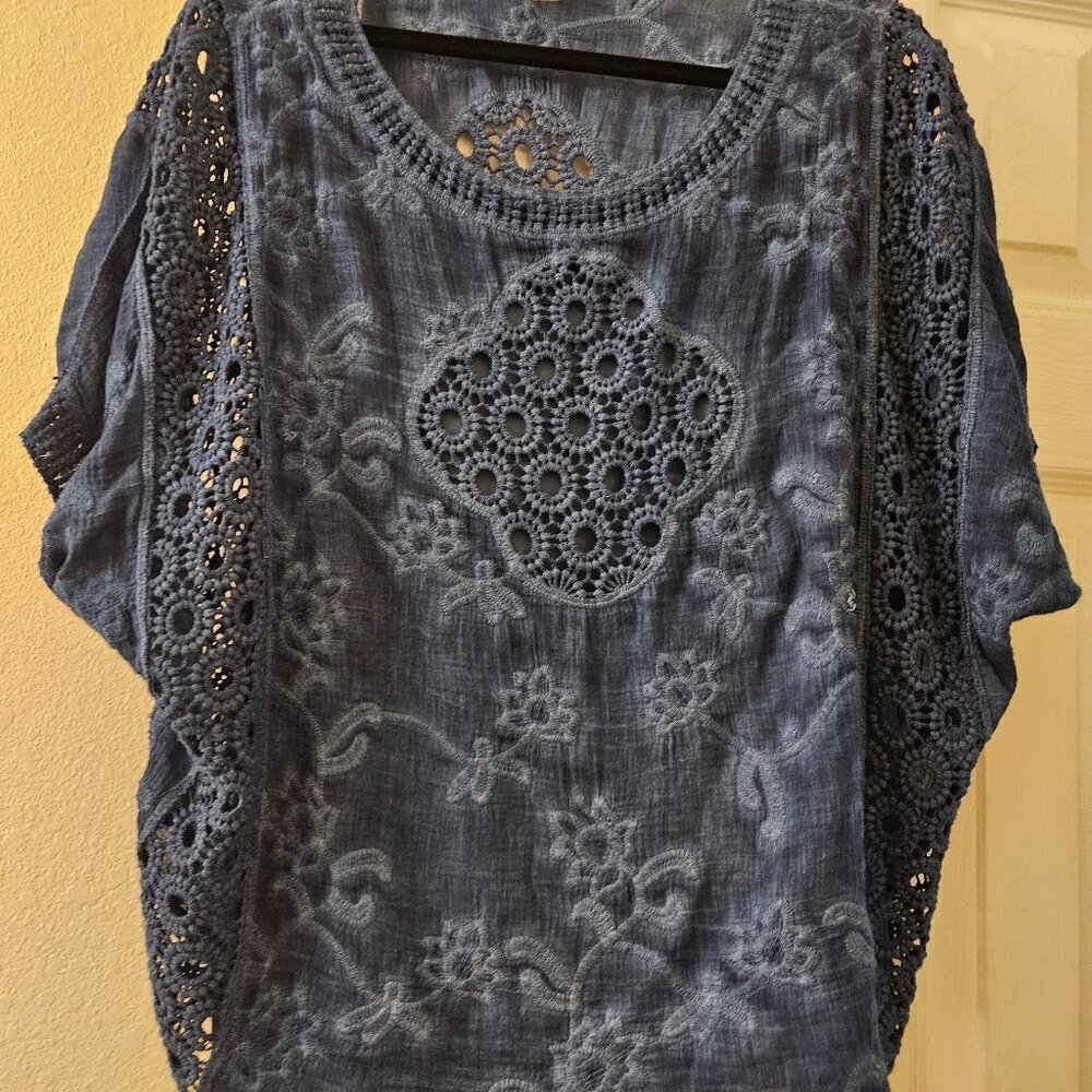 Indigo Thread boho Heavily embroider blue cotton Whimsygoth Distress top tunic M
